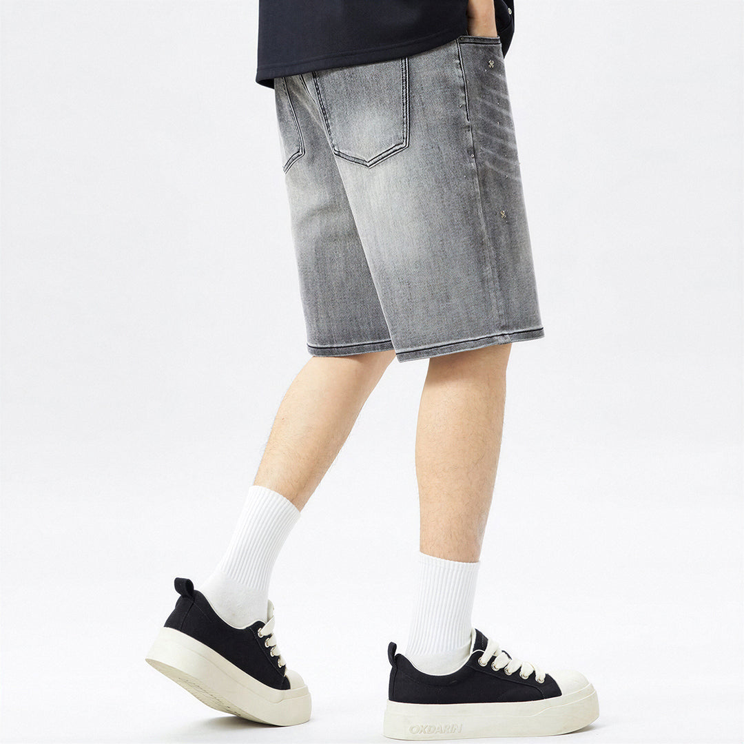 Men's Summer Grey Rhinestone Washed Straight Denim Shorts
