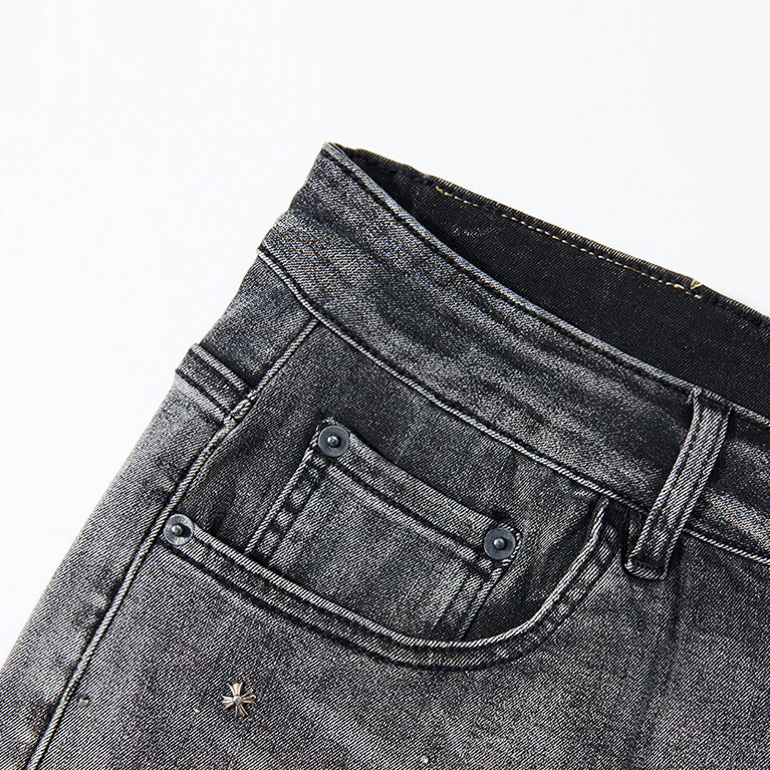 Men's Summer Grey Rhinestone Washed Straight Denim Shorts