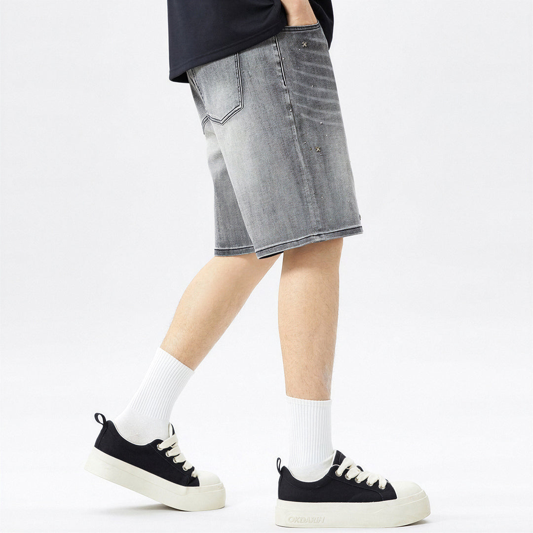 Men's Summer Grey Rhinestone Washed Straight Denim Shorts