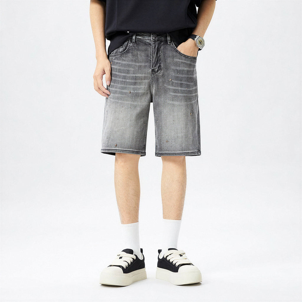 Men's Summer Grey Rhinestone Washed Straight Denim Shorts
