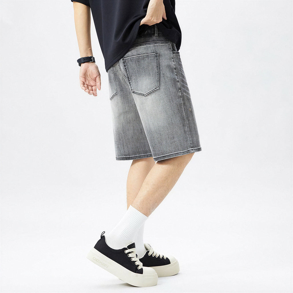 Men's Summer Grey Rhinestone Washed Straight Denim Shorts