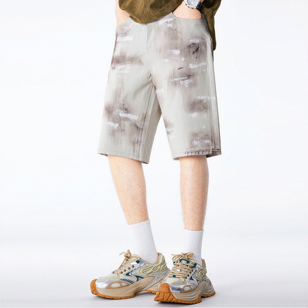 Men's Summer Light Grey Tie-Dye Straight Denim Shorts