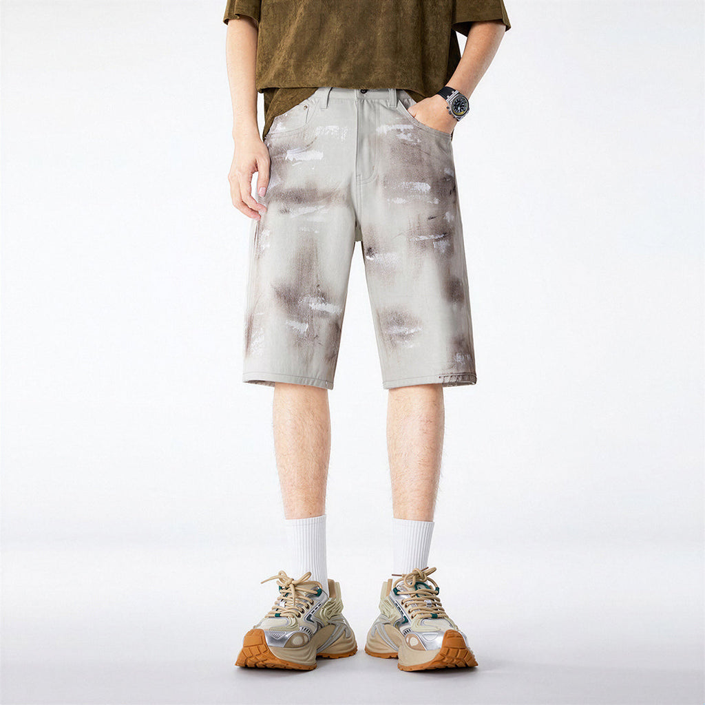 Men's Summer Light Grey Tie-Dye Straight Denim Shorts