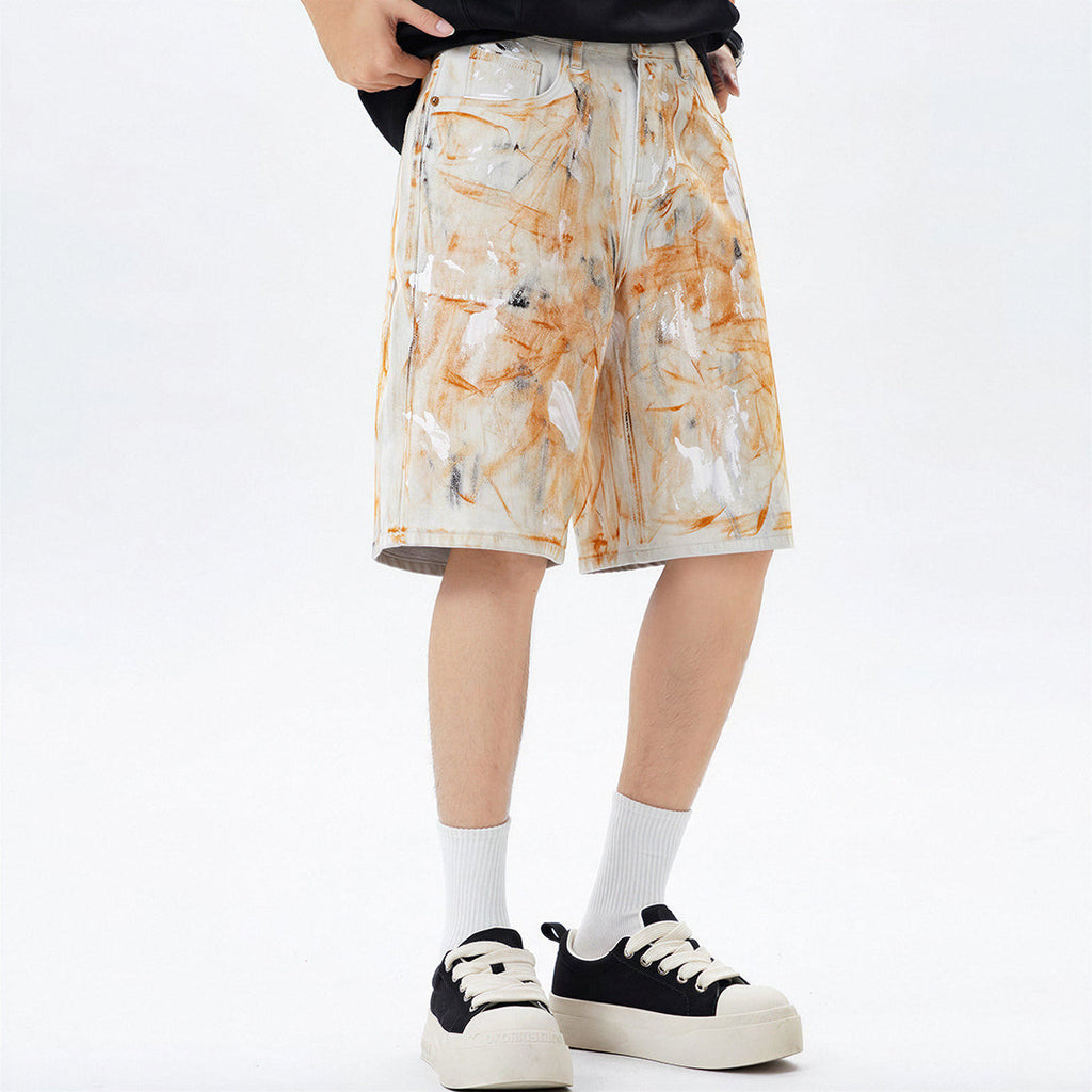 Men's Summer Off-White Orange Splatter Straight Denim Shorts