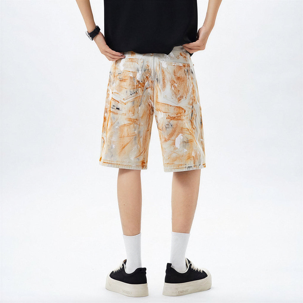 Men's Summer Off-White Orange Splatter Straight Denim Shorts