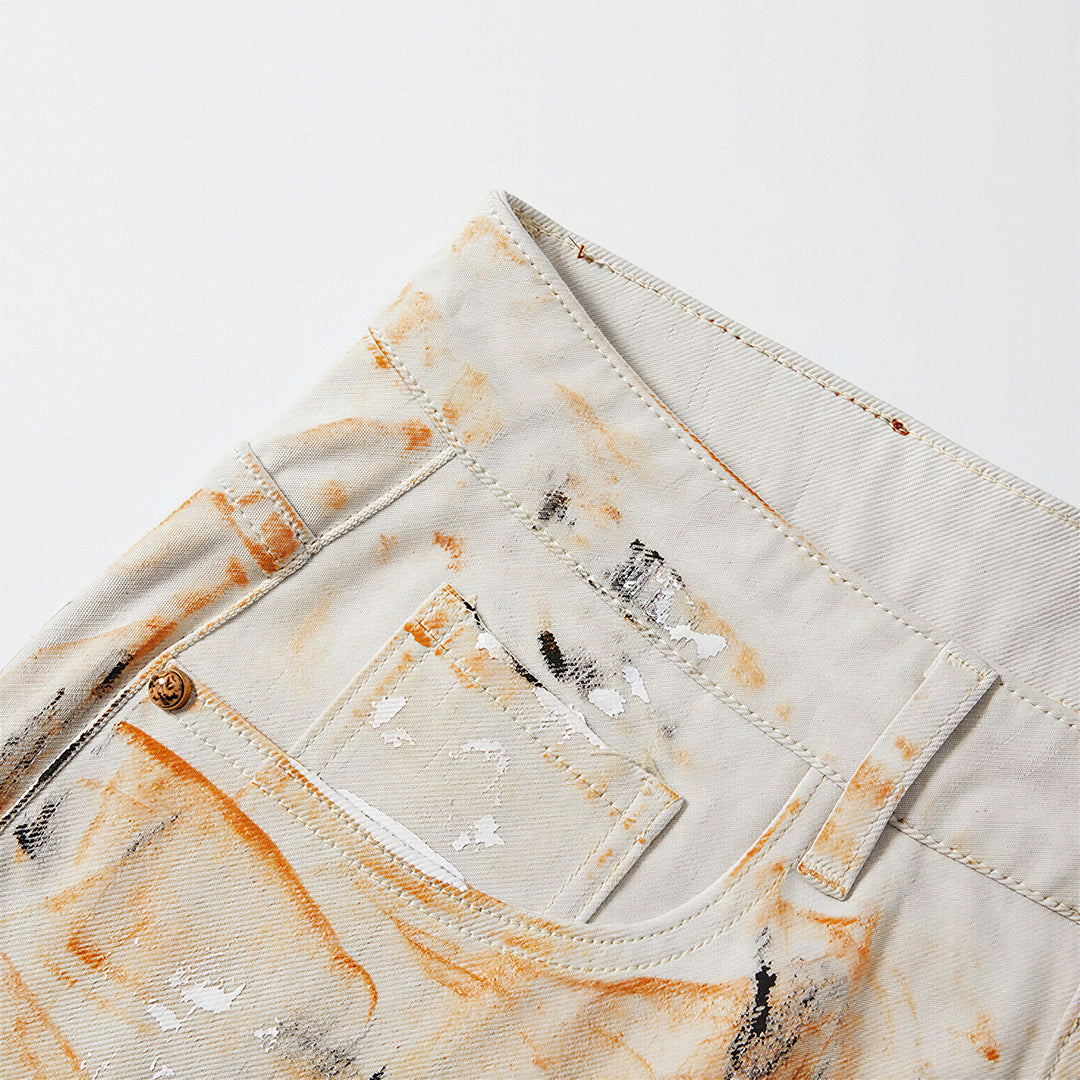 Men's Summer Off-White Orange Splatter Straight Denim Shorts