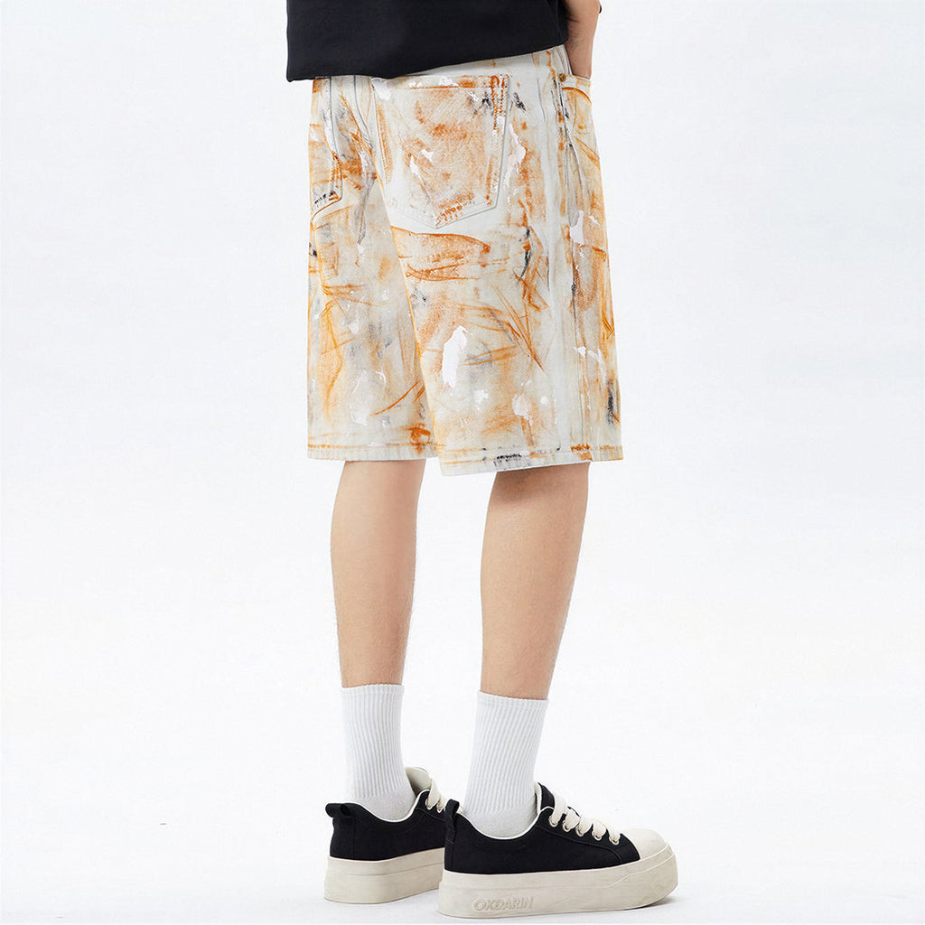 Men's Summer Off-White Orange Splatter Straight Denim Shorts