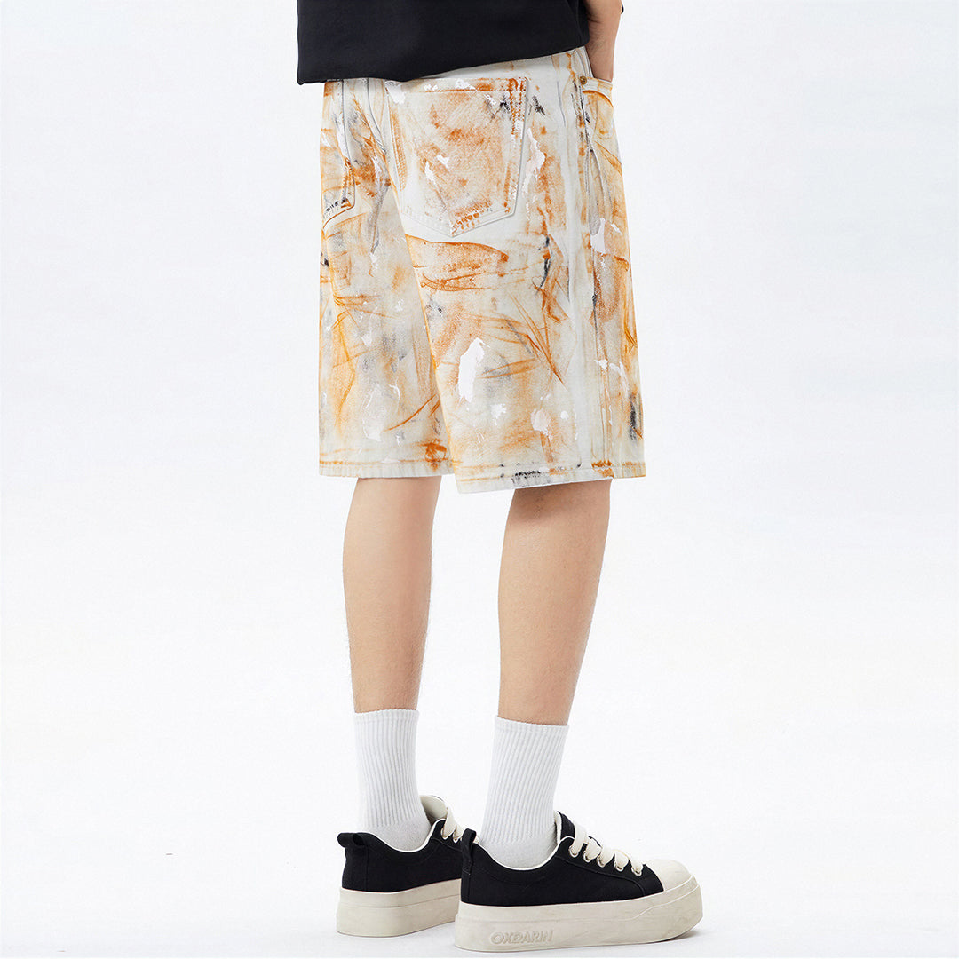 Men's Summer Off-White Orange Splatter Straight Denim Shorts
