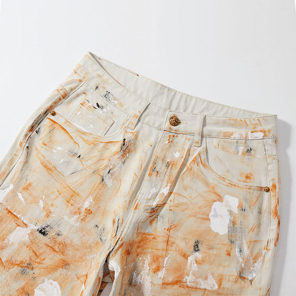 Men's Summer Off-White Orange Splatter Straight Denim Shorts
