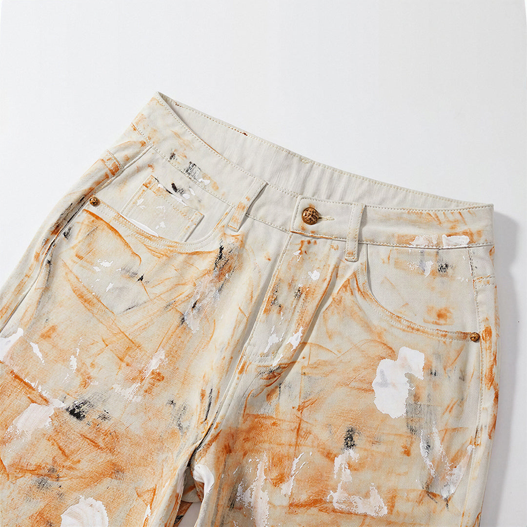 Men's Summer Off-White Orange Splatter Straight Denim Shorts