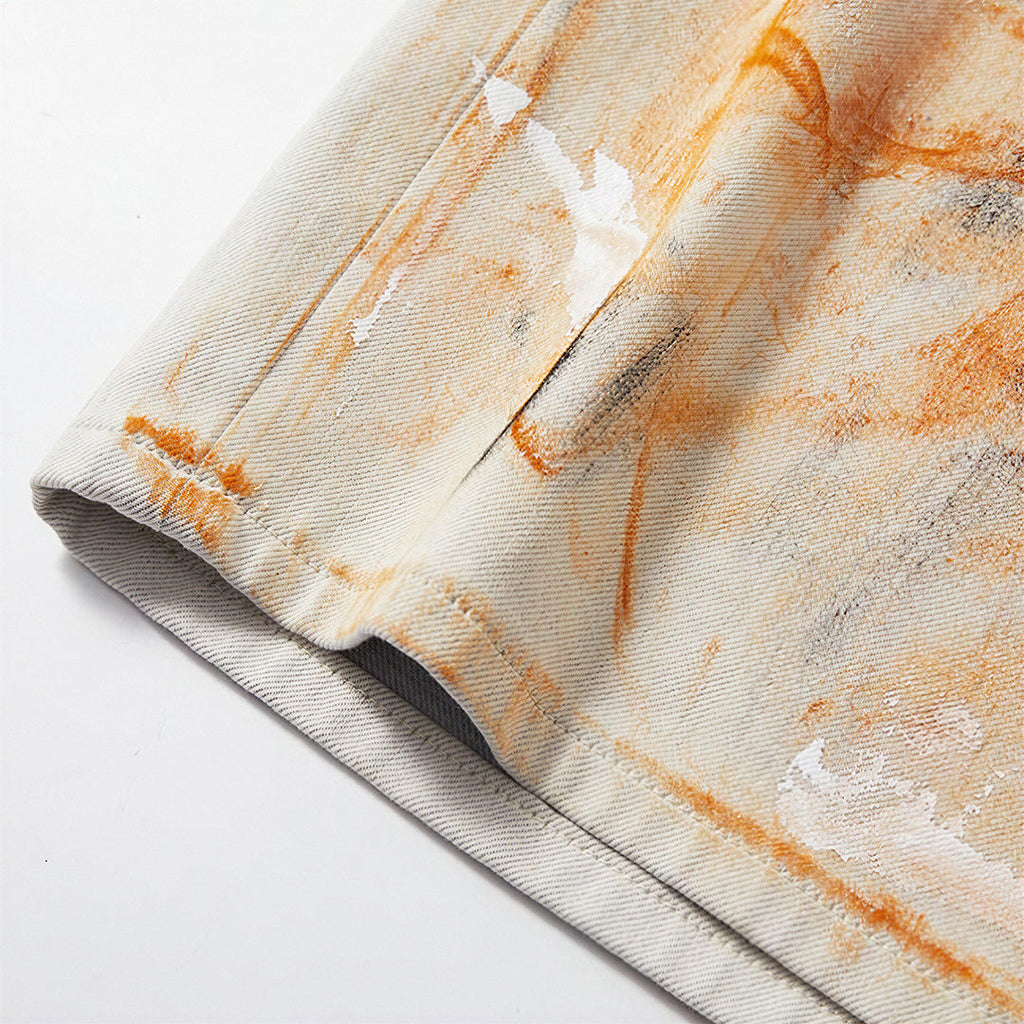 Men's Summer Off-White Orange Splatter Straight Denim Shorts
