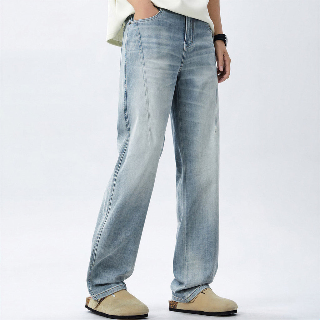 Men's Spring Light Blue Washed Straight Leg Denim Jeans