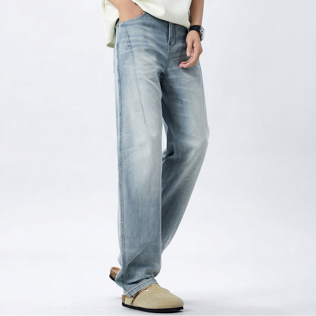Men's Spring Light Blue Washed Straight Leg Denim Jeans