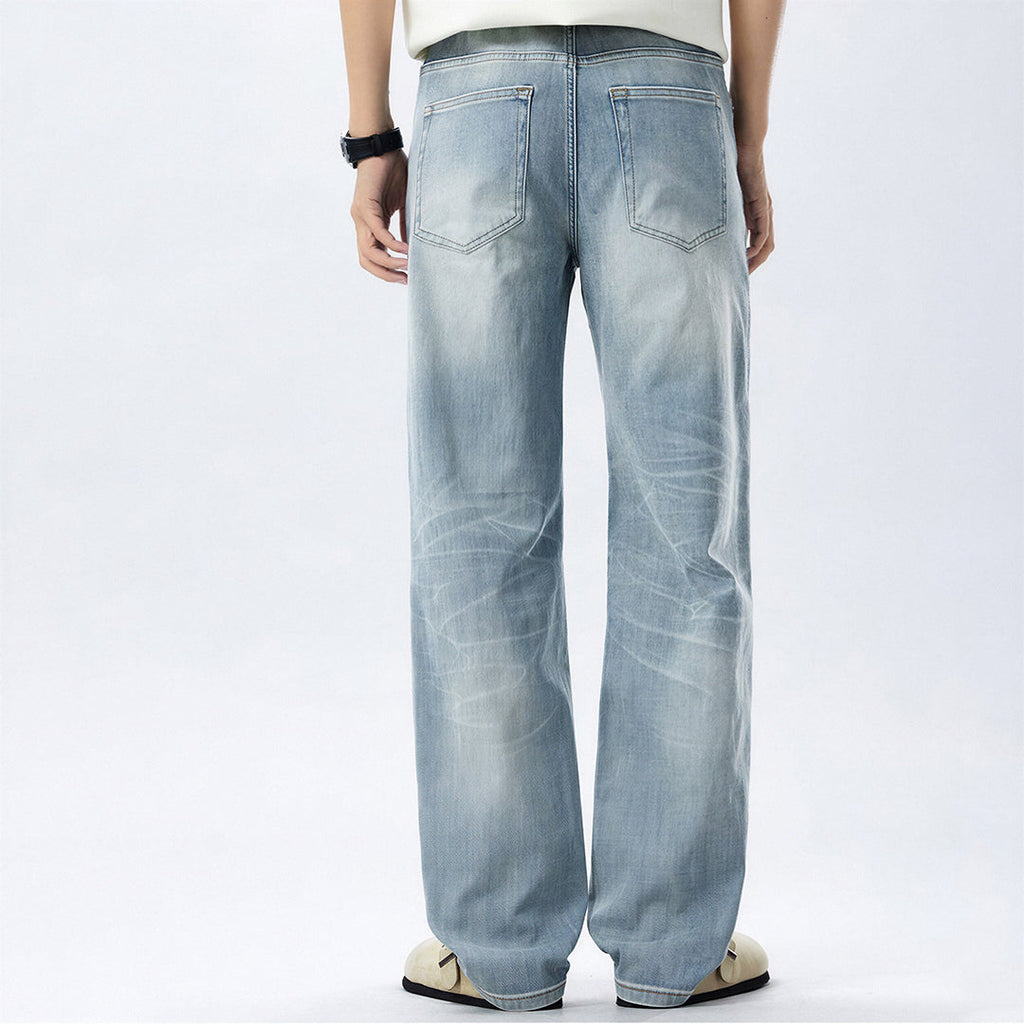Men's Spring Light Blue Washed Straight Leg Denim Jeans