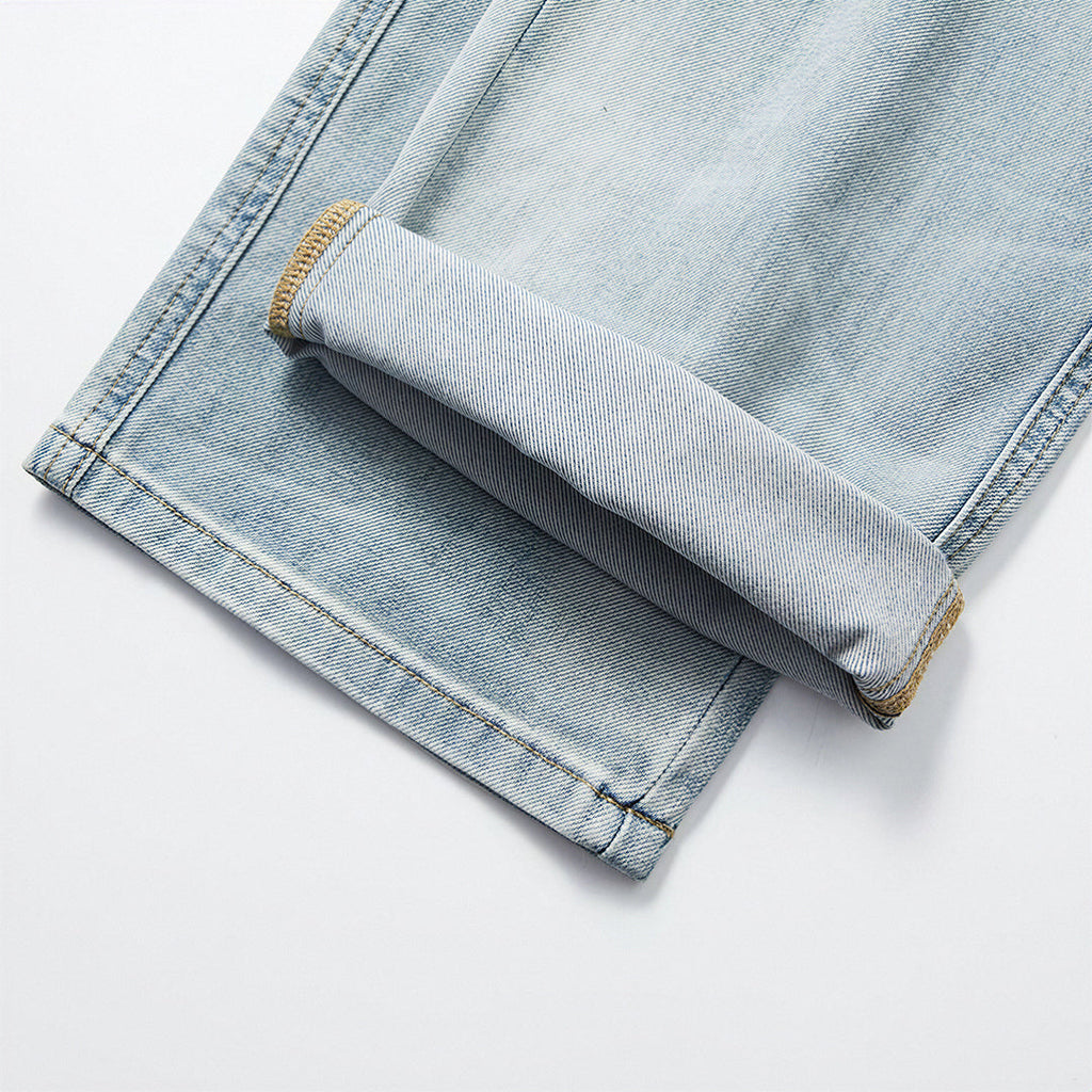 Men's Spring Light Blue Washed Straight Leg Denim Jeans