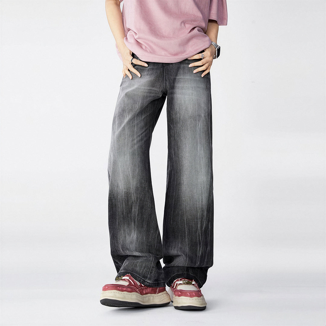 Men's Spring Gradient Black-Grey Washed Wide Leg Denim Jeans