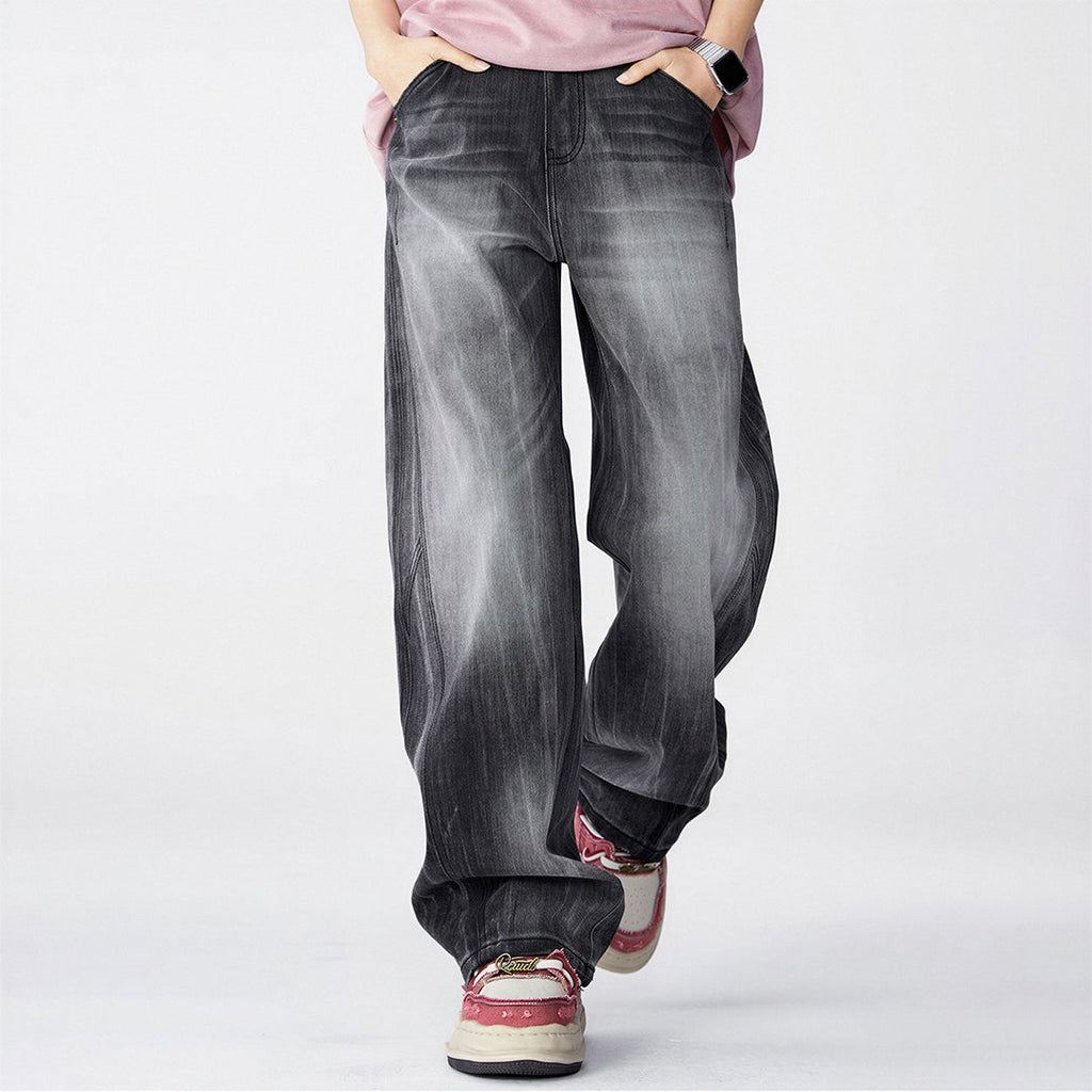 Men's Spring Gradient Black-Grey Washed Wide Leg Denim Jeans
