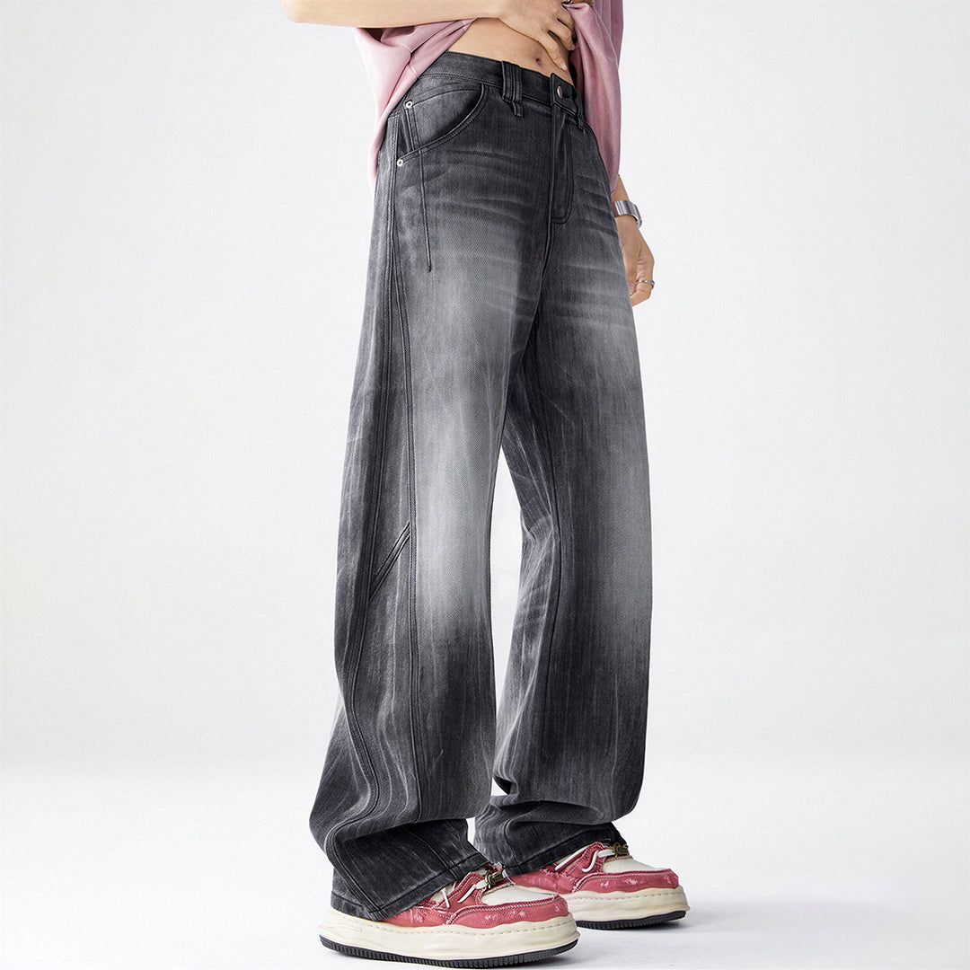 Men's Spring Gradient Black-Grey Washed Wide Leg Denim Jeans