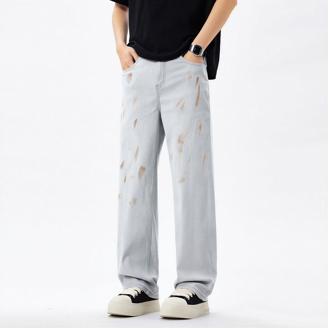 Men's Spring Light Grey Splatter Print Straight Denim Jeans