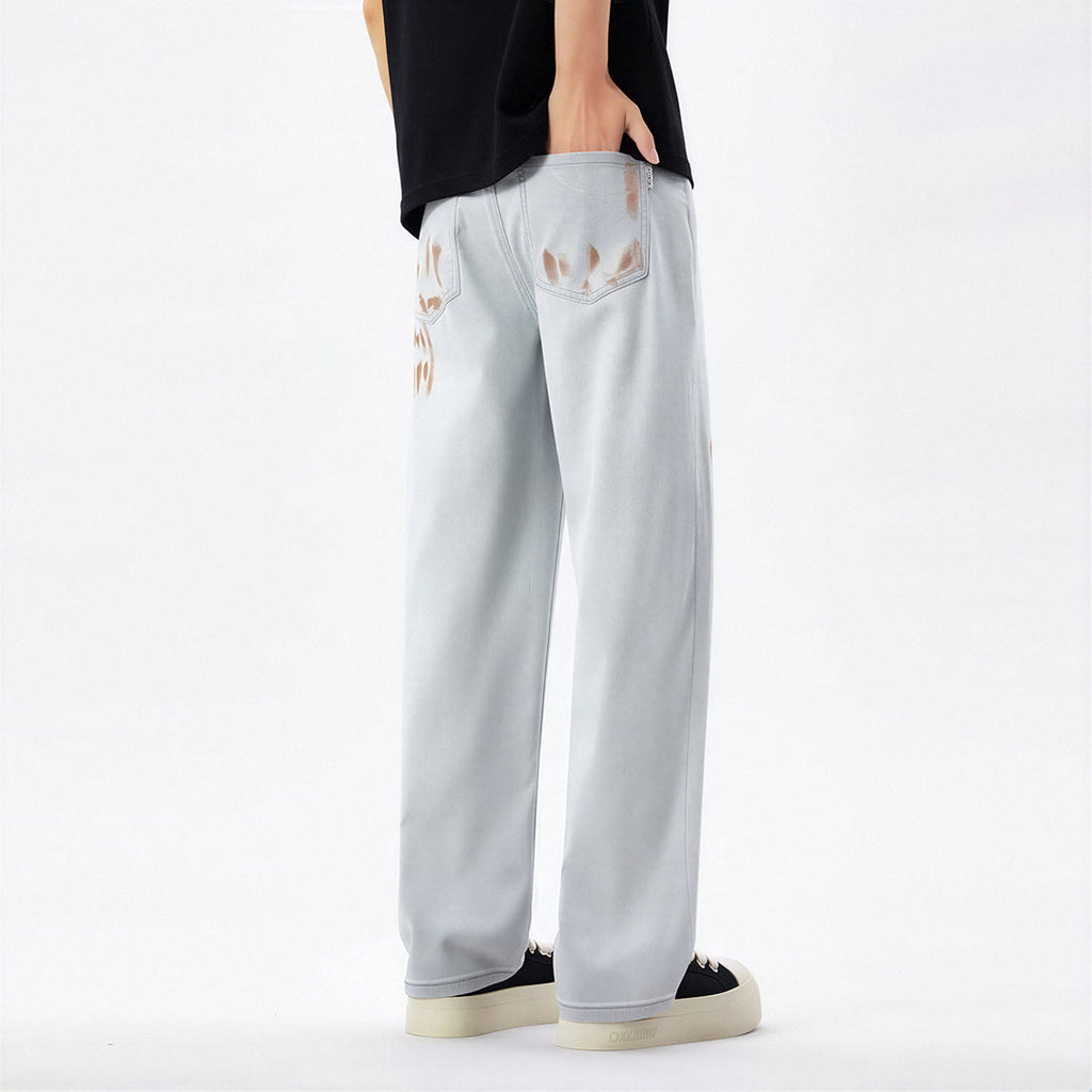 Men's Spring Light Grey Splatter Print Straight Denim Jeans