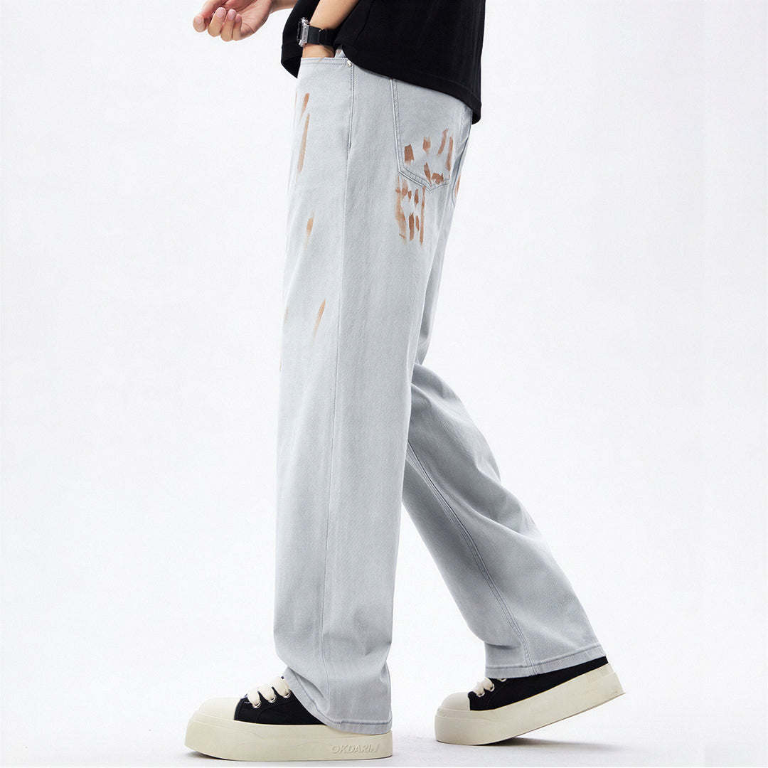 Men's Spring Light Grey Splatter Print Straight Denim Jeans
