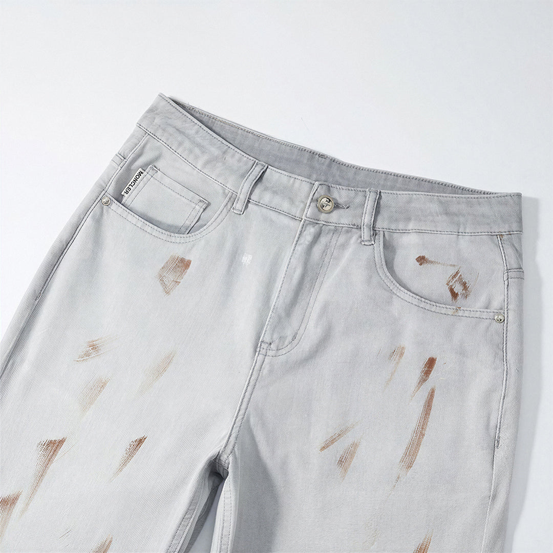 Men's Spring Light Grey Splatter Print Straight Denim Jeans