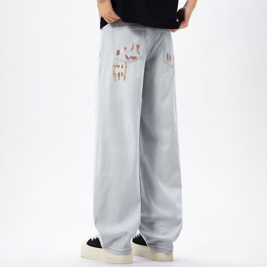 Men's Spring Light Grey Splatter Print Straight Denim Jeans