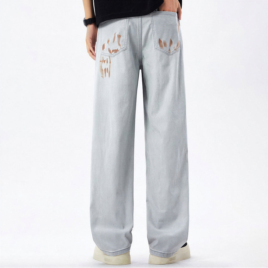Men's Spring Light Grey Splatter Print Straight Denim Jeans