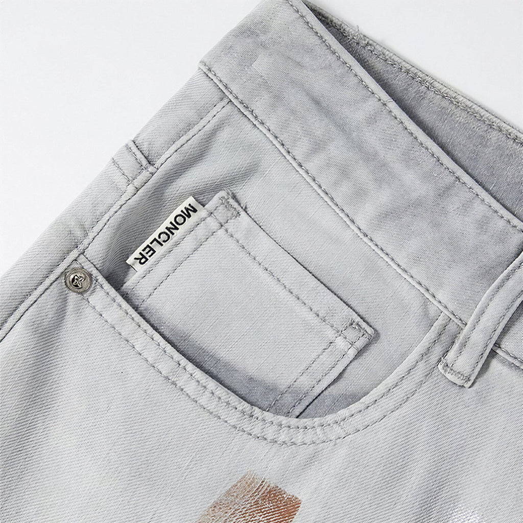 Men's Spring Light Grey Splatter Print Straight Denim Jeans