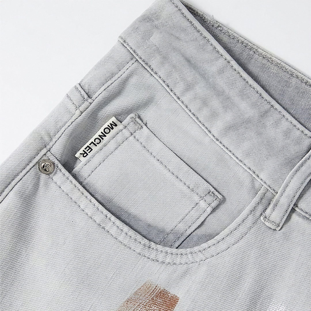 Men's Spring Light Grey Splatter Print Straight Denim Jeans