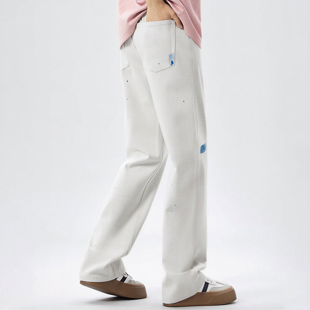 Men's Spring Off-White Blue Splatter Print Straight Jeans