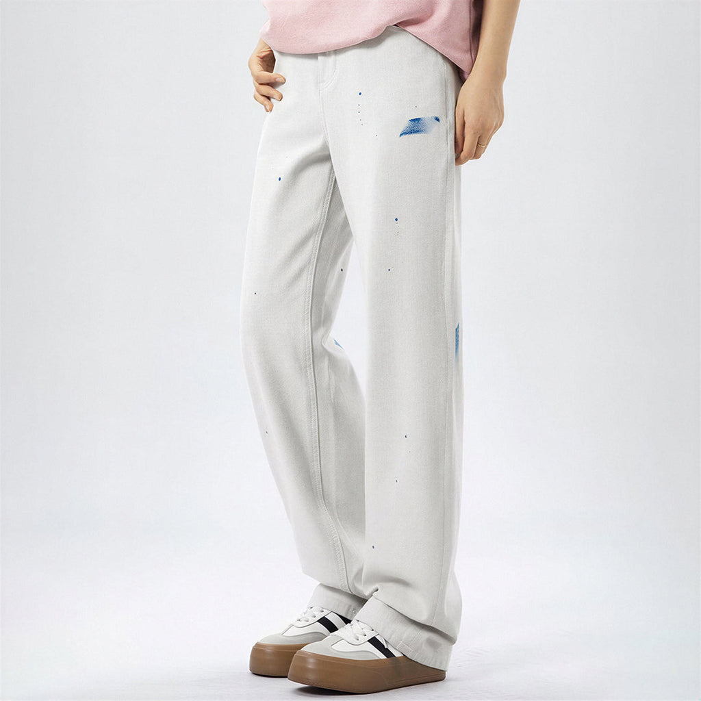 Men's Spring Off-White Blue Splatter Print Straight Jeans