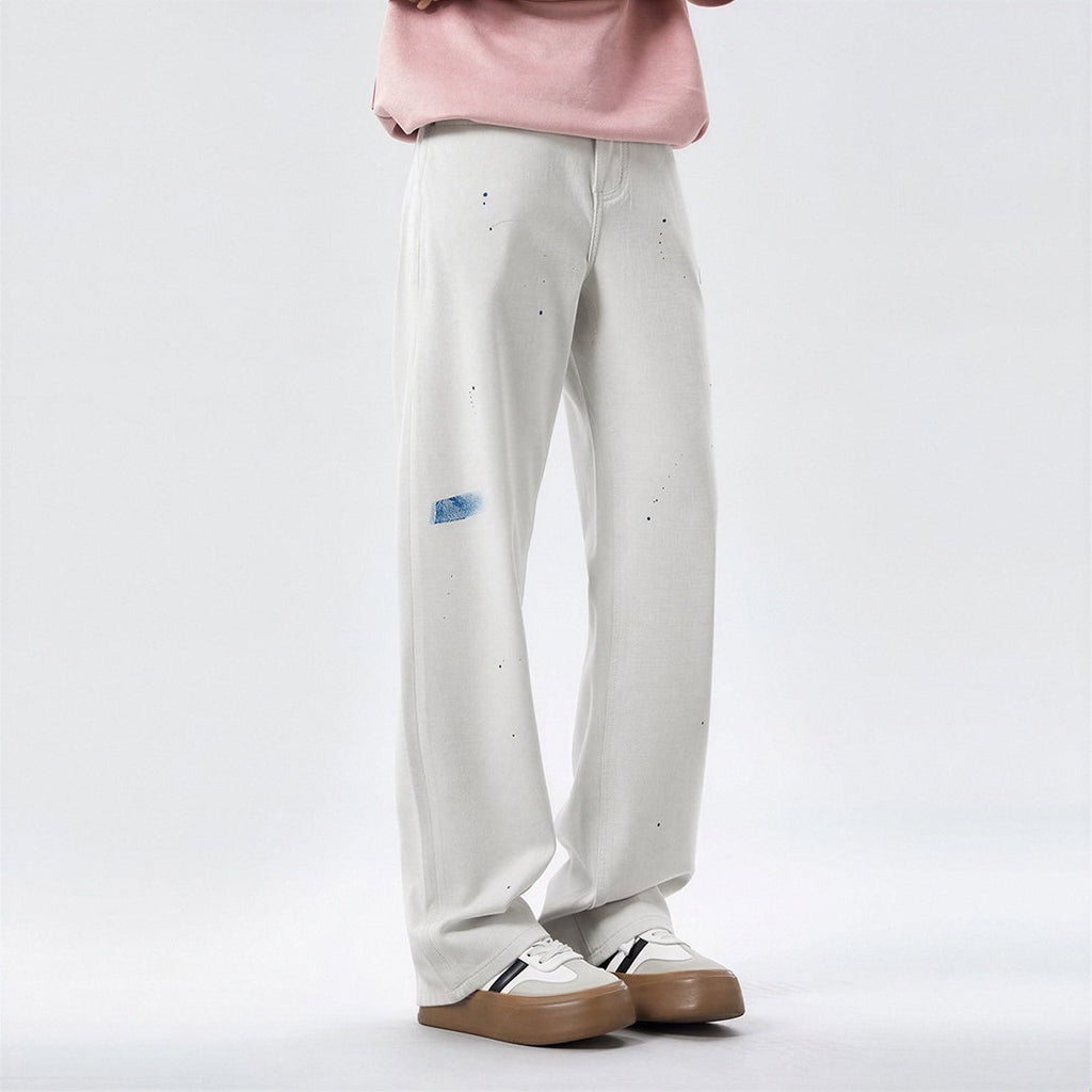 Men's Spring Off-White Blue Splatter Print Straight Jeans
