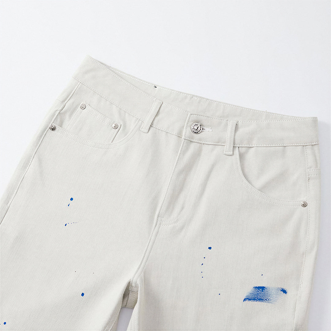 Men's Spring Off-White Blue Splatter Print Straight Jeans