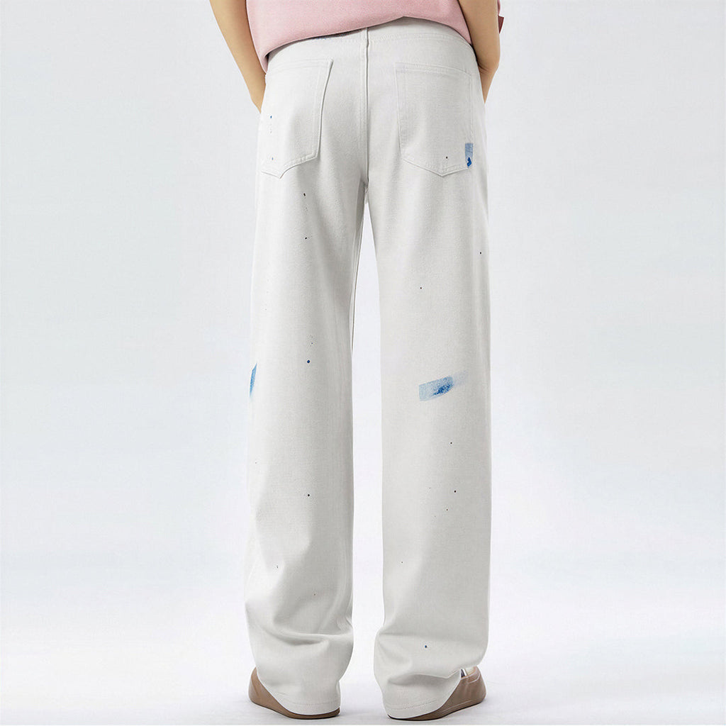 Men's Spring Off-White Blue Splatter Print Straight Jeans