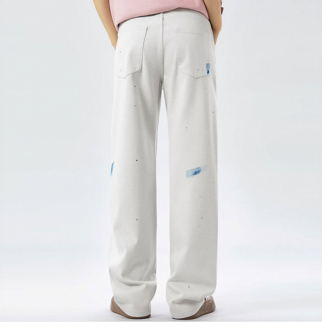 Men's Spring Off-White Blue Splatter Print Straight Jeans