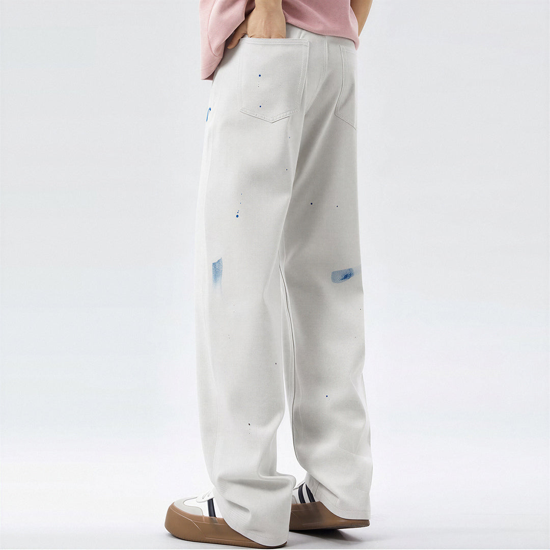 Men's Spring Off-White Blue Splatter Print Straight Jeans