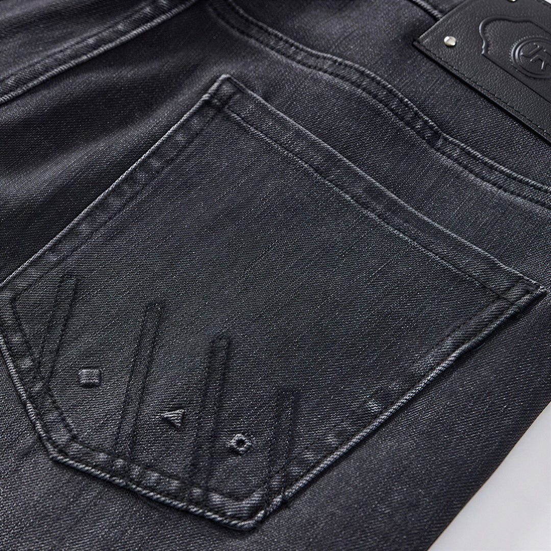 Men's Spring Black-Grey Washed Straight Denim Jeans