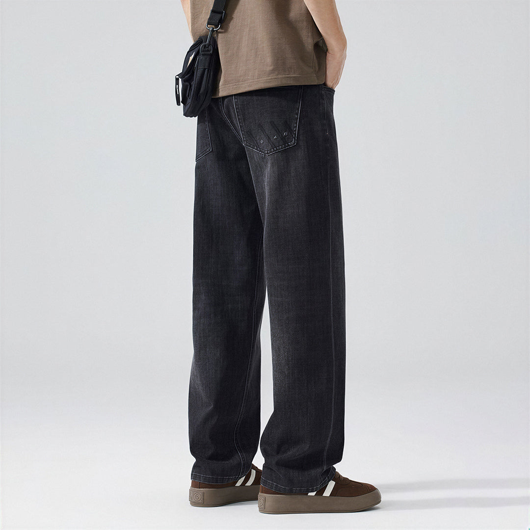 Men's Spring Black-Grey Washed Straight Denim Jeans