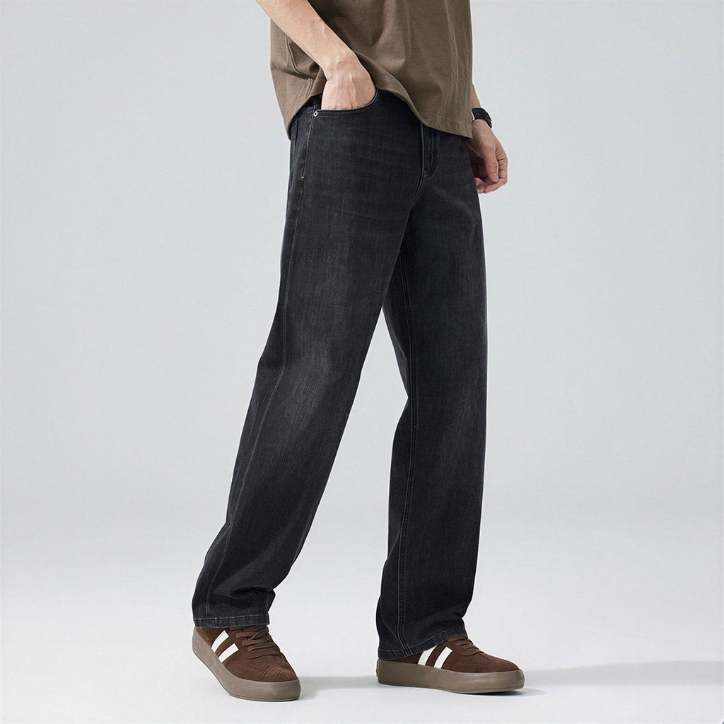 Men's Spring Black-Grey Washed Straight Denim Jeans