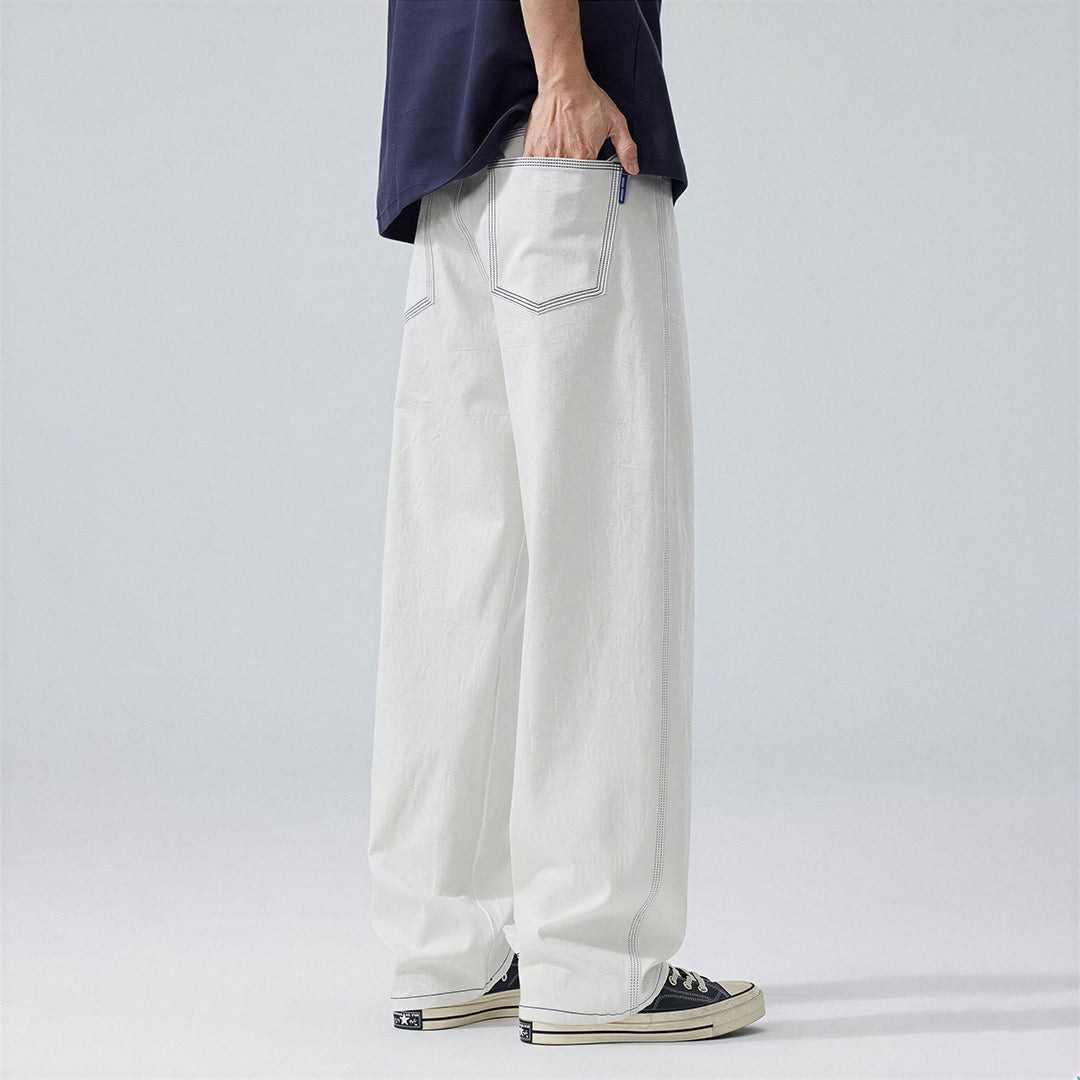 Men's Spring White Contrast Stitch Straight Denim Jeans