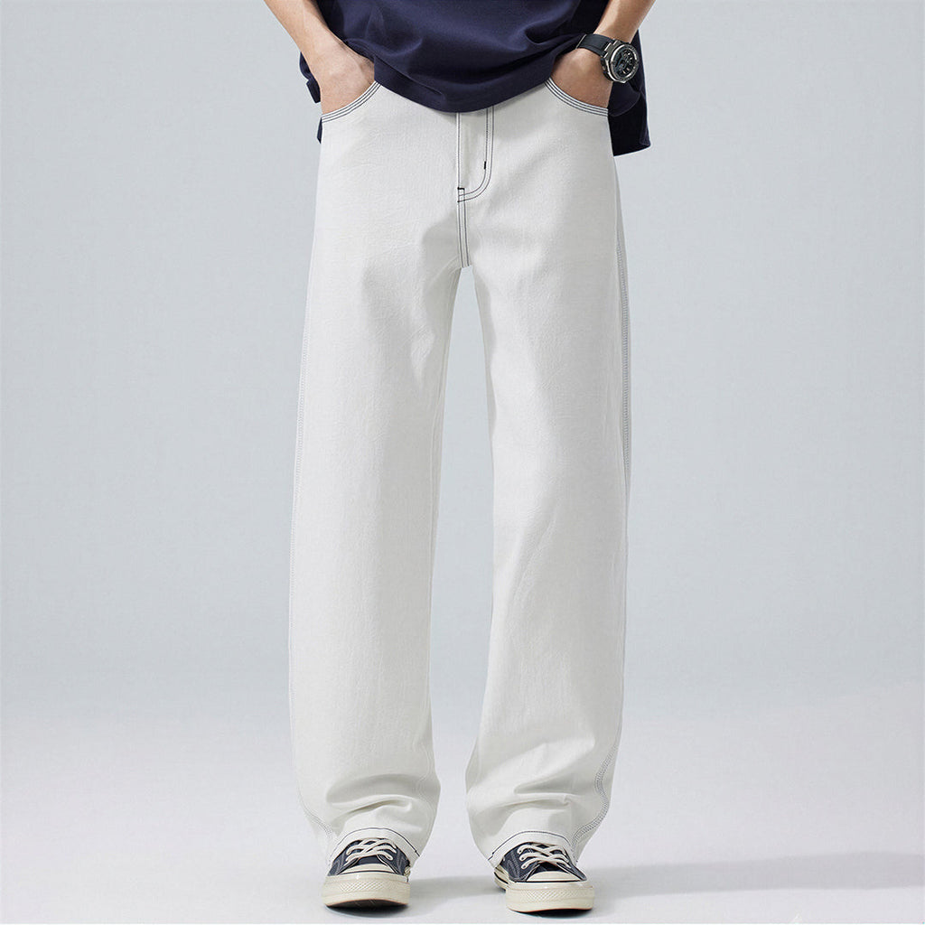 Men's Spring White Contrast Stitch Straight Denim Jeans