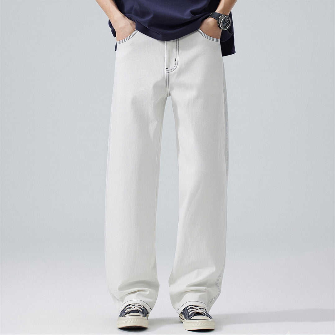 Men's Spring White Contrast Stitch Straight Denim Jeans