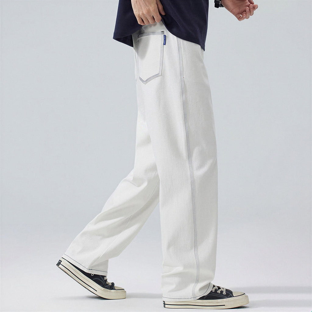 Men's Spring White Contrast Stitch Straight Denim Jeans