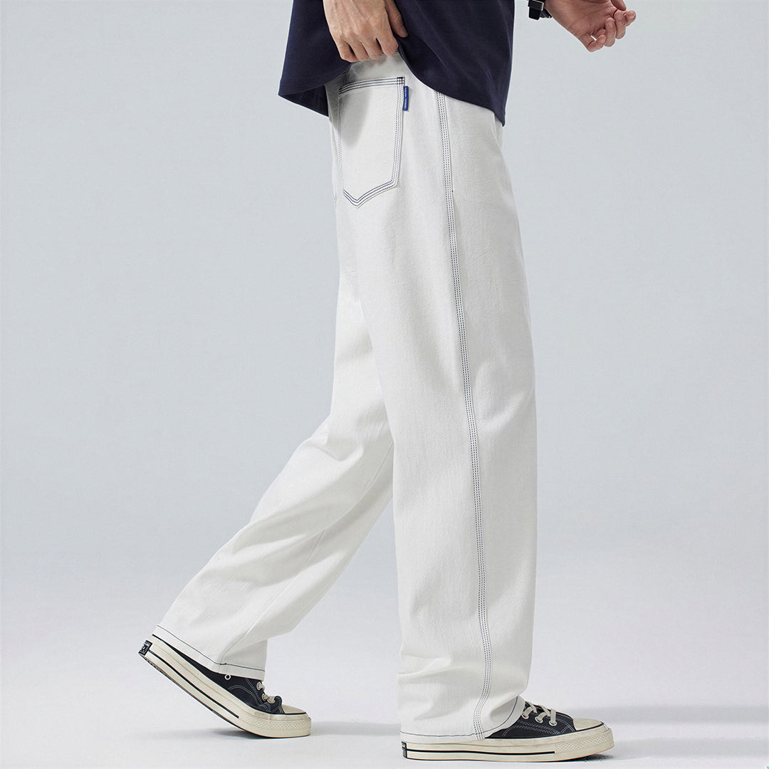 Men's Spring White Contrast Stitch Straight Denim Jeans