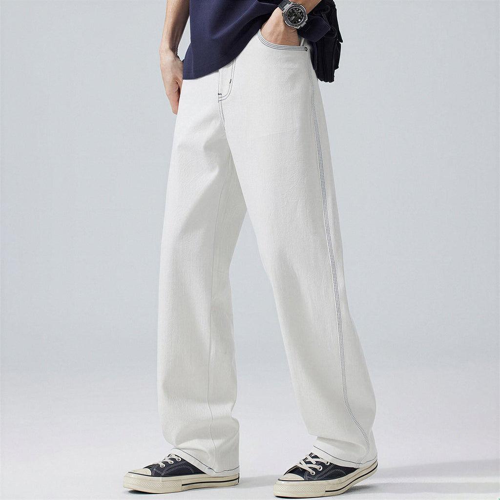 Men's Spring White Contrast Stitch Straight Denim Jeans