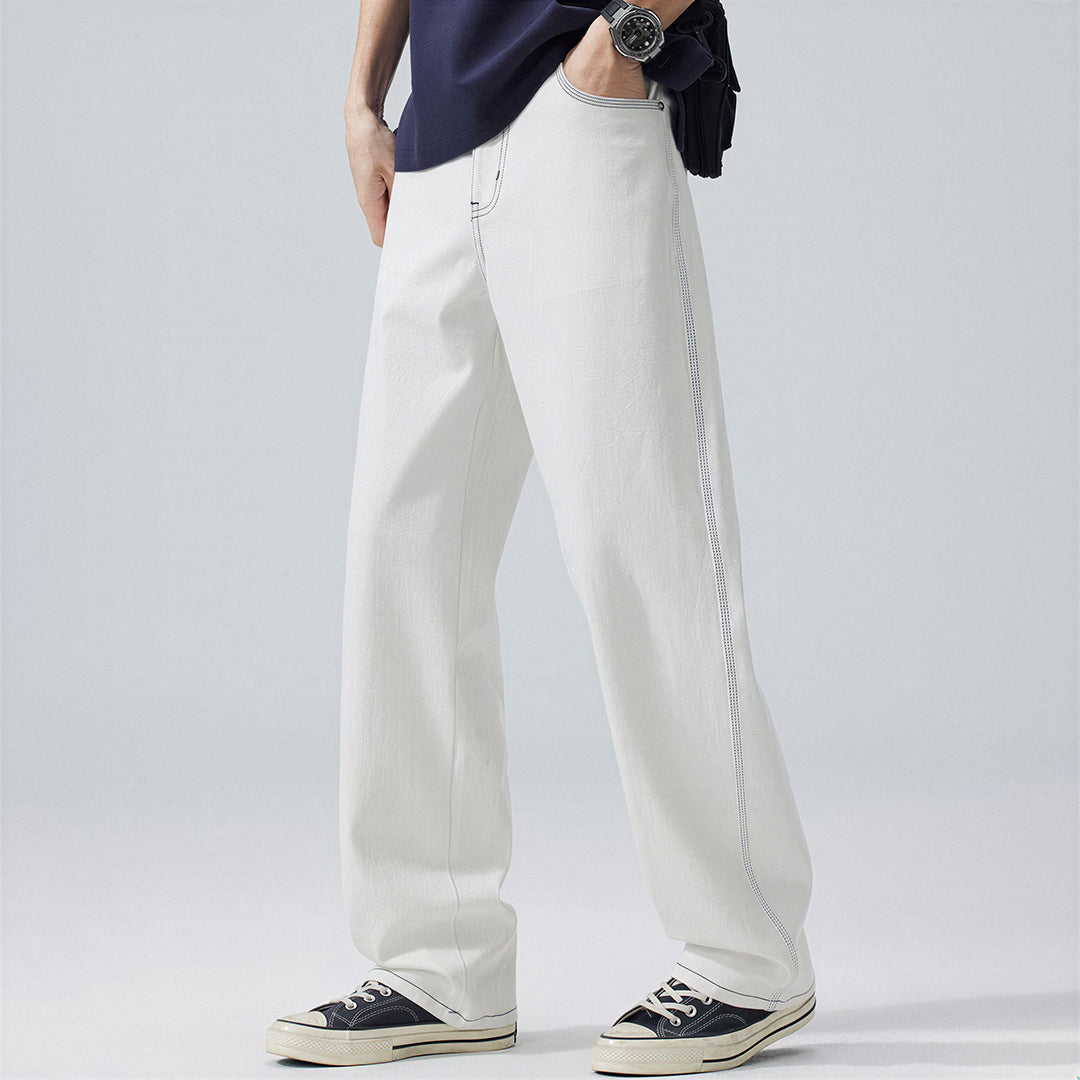 Men's Spring White Contrast Stitch Straight Denim Jeans