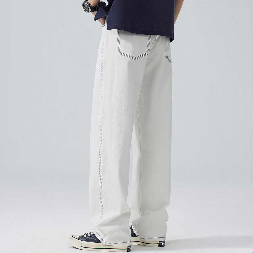 Men's Spring White Contrast Stitch Straight Denim Jeans