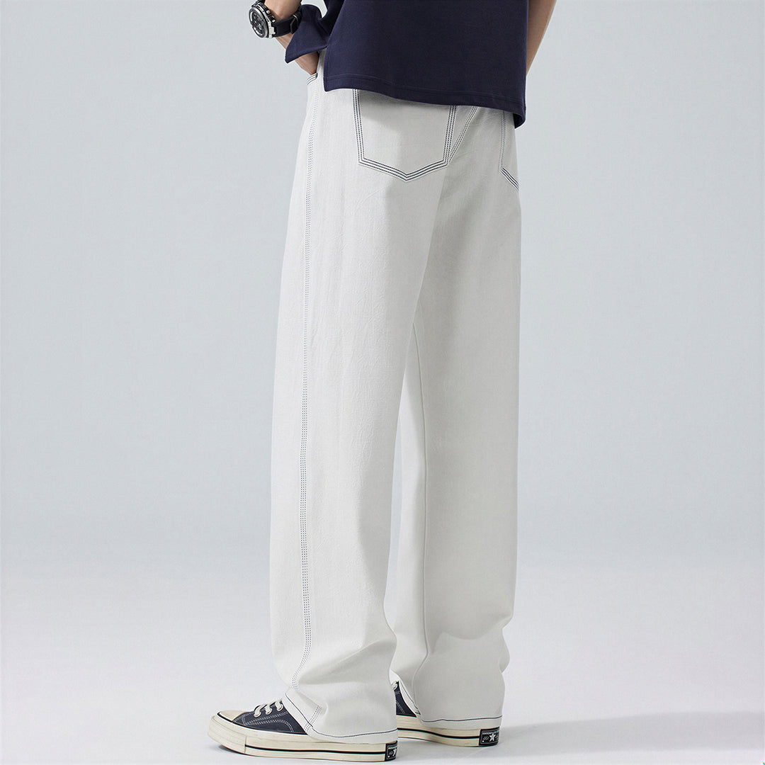 Men's Spring White Contrast Stitch Straight Denim Jeans