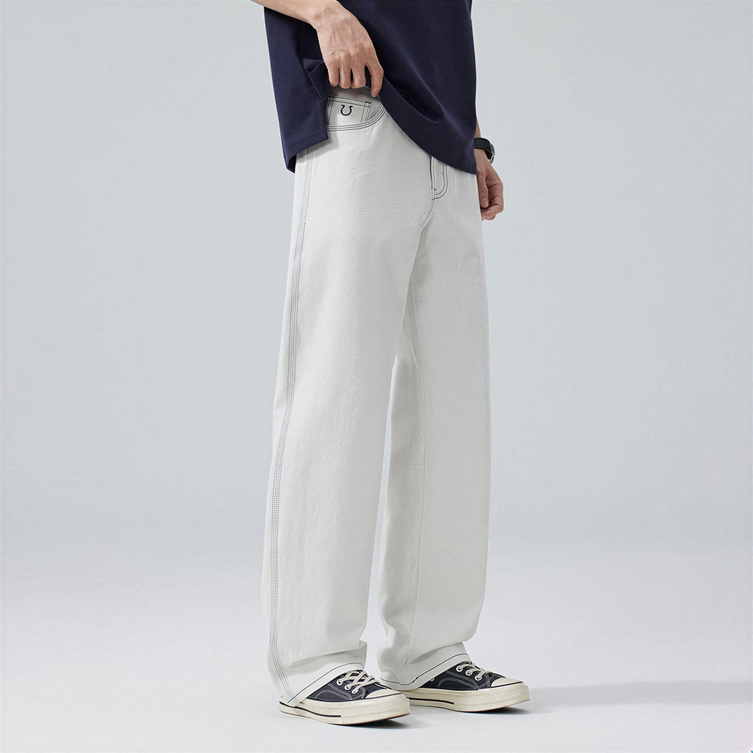 Men's Spring White Contrast Stitch Straight Denim Jeans